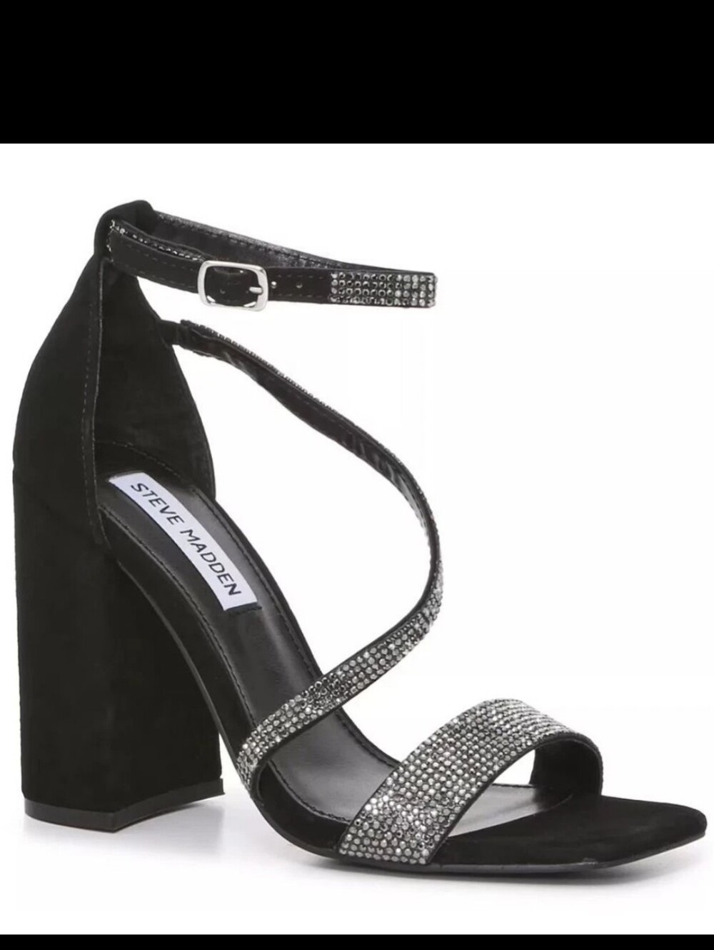 Steve Madden "VARALI" Black Suede  Strappy Rhinestone Block Heel Sandals